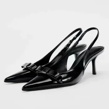 2024 Modern Office Shoes for Women Black Wedding Slingback Pointed Toe Butterfly Decoration Female High Heeled Sandals 1