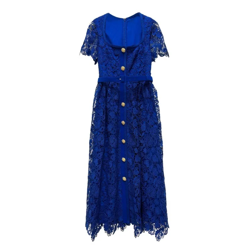 

Top Quality New 2023 Spring Dress Women Sexy Square Collar Allover Crochet Lace Embroidery Button Deco Short Sleeve Blue Dress