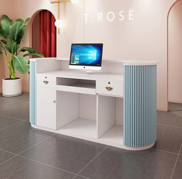 Salone per capelli moderno Piccolo bancone frontale Banco reception per salone di bellezza di lusso in oro bianco in vendita Pannello durevole in legno personalizzato 1 pz - immagine 2