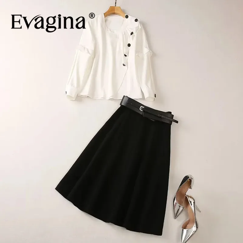 

Evagina Fashion Women's New Long-Sleeve Irregular Single-Breasted Flounced Edge Shirt Top+Slim-Fit A-Line Half Skirt 2-Piece Set