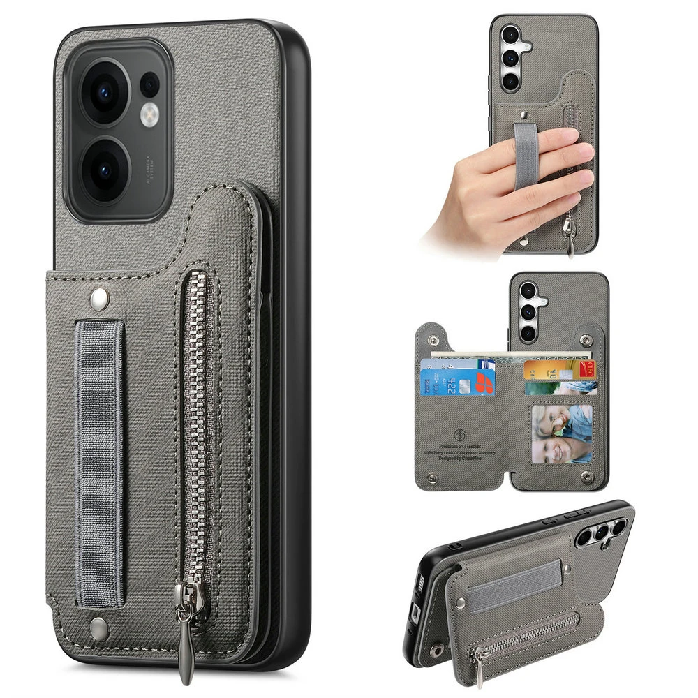 Luxury RFID Leather Flip Case with Zipper Card Holder and Elastic Strap