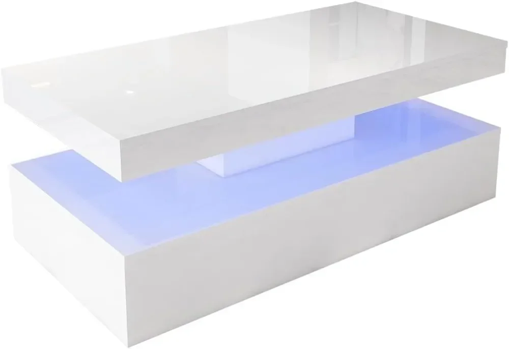 LED Coffee Table, White Modern High Gloss Coffee Table with RGB Light, Rectangular Coffee Table with Remote Control for Living 6