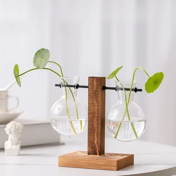 Terrarium Vase Decoration Home Bonsai Flower Plant Vases Vintage Flower Pot Transparent Wooden Frame Glass Tabletop Plants 5