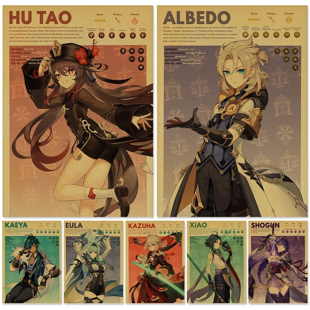 

Painting Art Genshin Impact Poster Kraft Paper Hutao Picture Albedo Painting Mural Home Children Room Wall Aesthetic Decoration