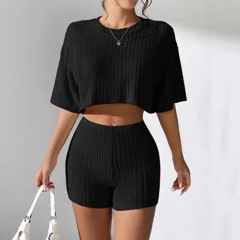 Women's Spring and Summer Fashion Short Crew Neck T-Shirt Top Shorts Two-piece Set Women's Womens Two Peice Sets 1