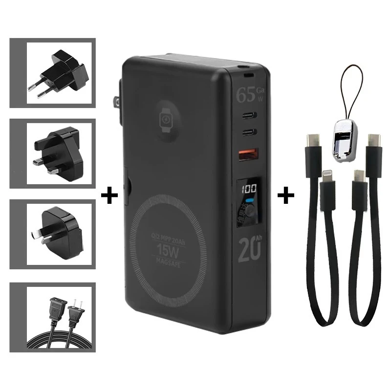 65 واط GaN USB C شاحن قوة البنك 20000 مللي أمبير Qi2 المغناطيسي اللاسلكية شاحن سريع آيفون 16 iWatch محمول Powerbank مع التيار المتناوب التوصيل