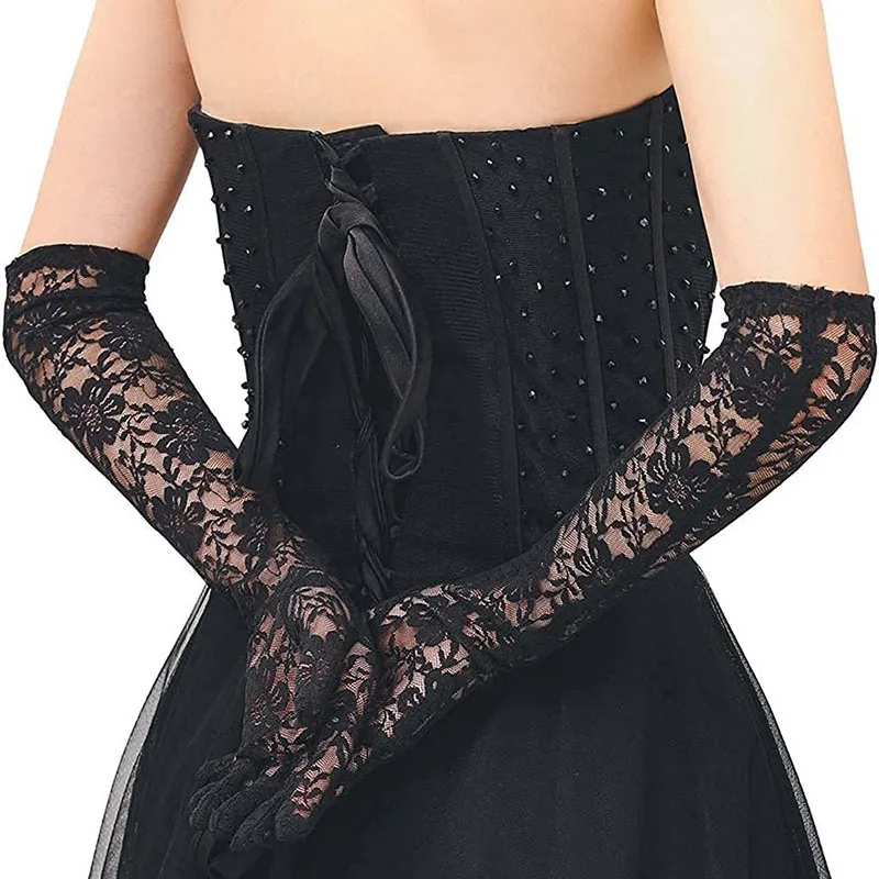 40cm Black White Y2 Cosplay Gloves Sexy Elasticity Transparent Lace Mesh Gloves Summer Fashion Elegant Women Long Driving Gloves