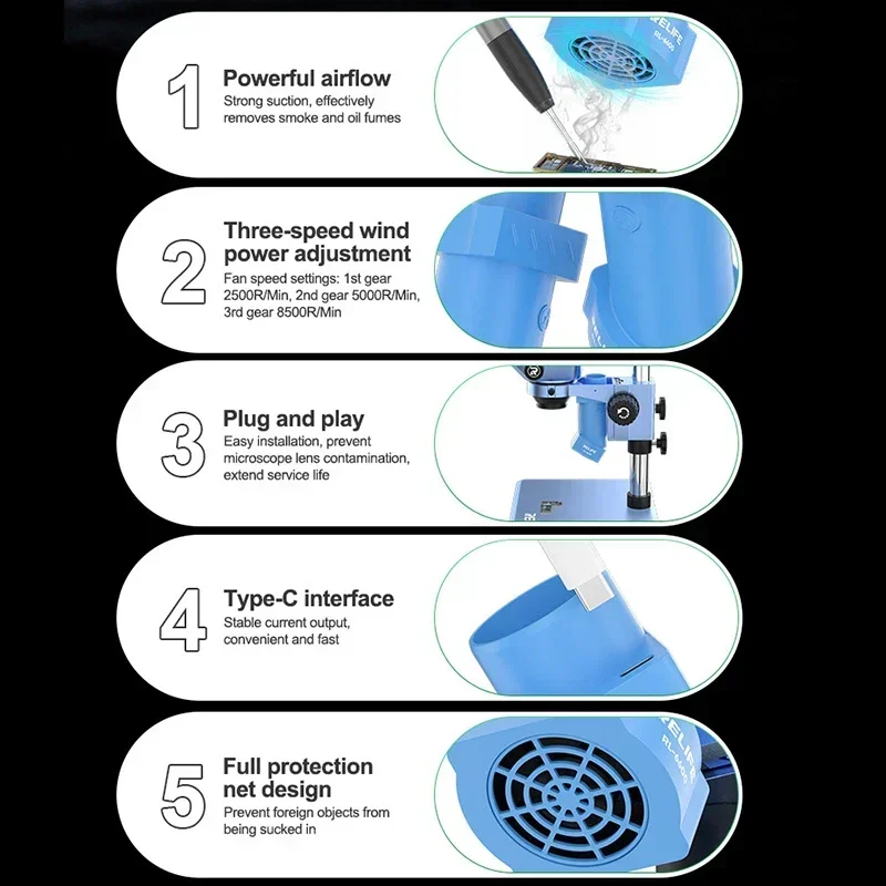 RELIFE RL-6600 Microscope Smoke Extractor Type-C Charging Interface Powerful Airflow Smoke Exhaust Fan Tool For Microscopes