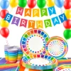 Rainbow Party Supplies,94pcs Party Decorations&Tableware Set-Rainbow Party Plates Napkins Cups & Rainbow Balloons Banner etc 1