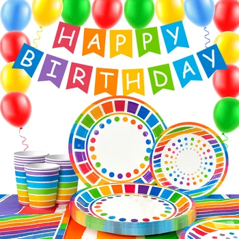 Rainbow Party Supplies,94pcs Party Decorations&Tableware Set-Rainbow Party Plates Napkins Cups & Rainbow Balloons Banner etc 1