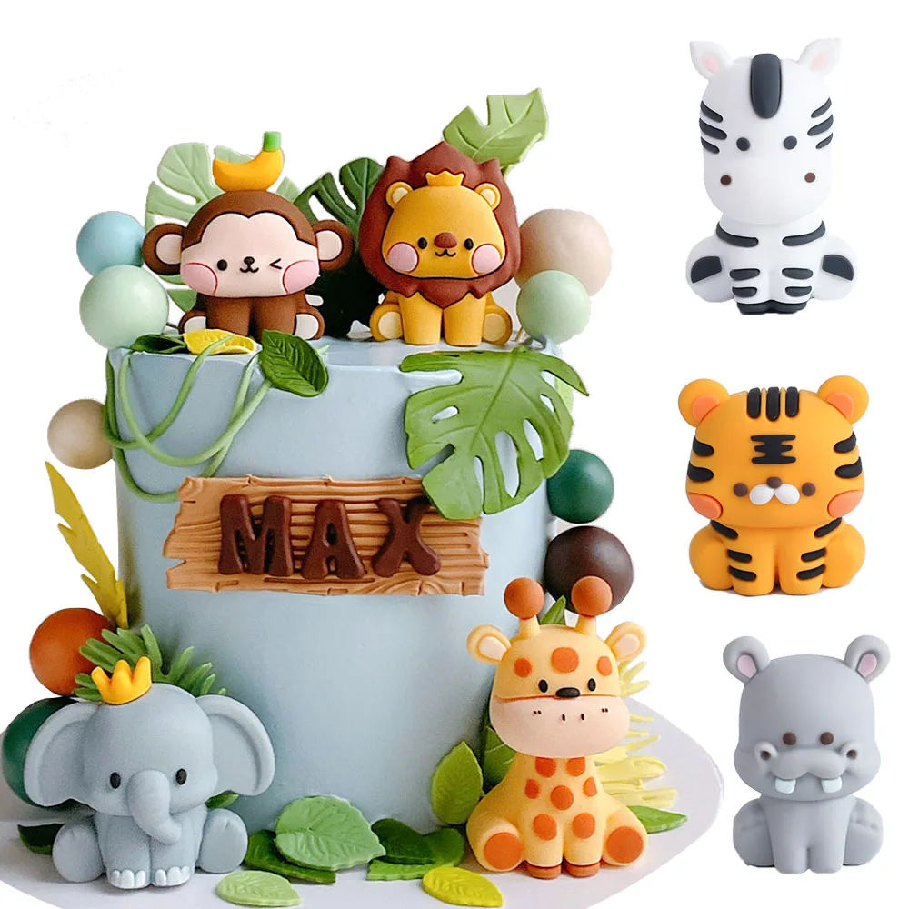 Jungle Baby Animals Cake Decoration Cute Lion Giraffa Monkey Hippo Elephant Cake Toppers Per Jungle Theme Animals Birthday Party