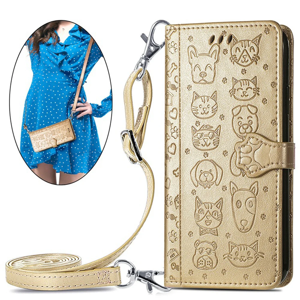 Cute Cat Dog Leather Crossbody Wallet Flip Case with 3 Card Slots