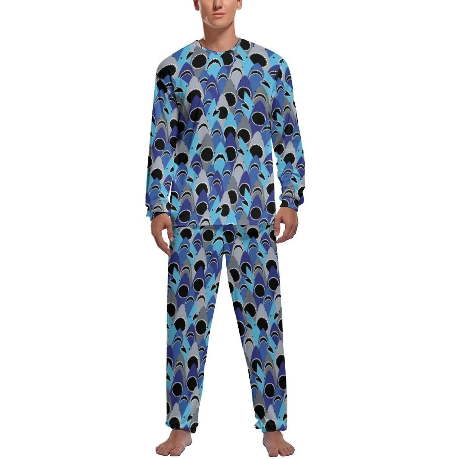 thumbnail image 1 of Pijamas de tiburón marino con estampado animal para hombre, conjuntos de pijamas encantadores de manga larga, dos piezas, ropa de dormir con patrón de otoño para el tiempo libre, regalo, 1 of 5