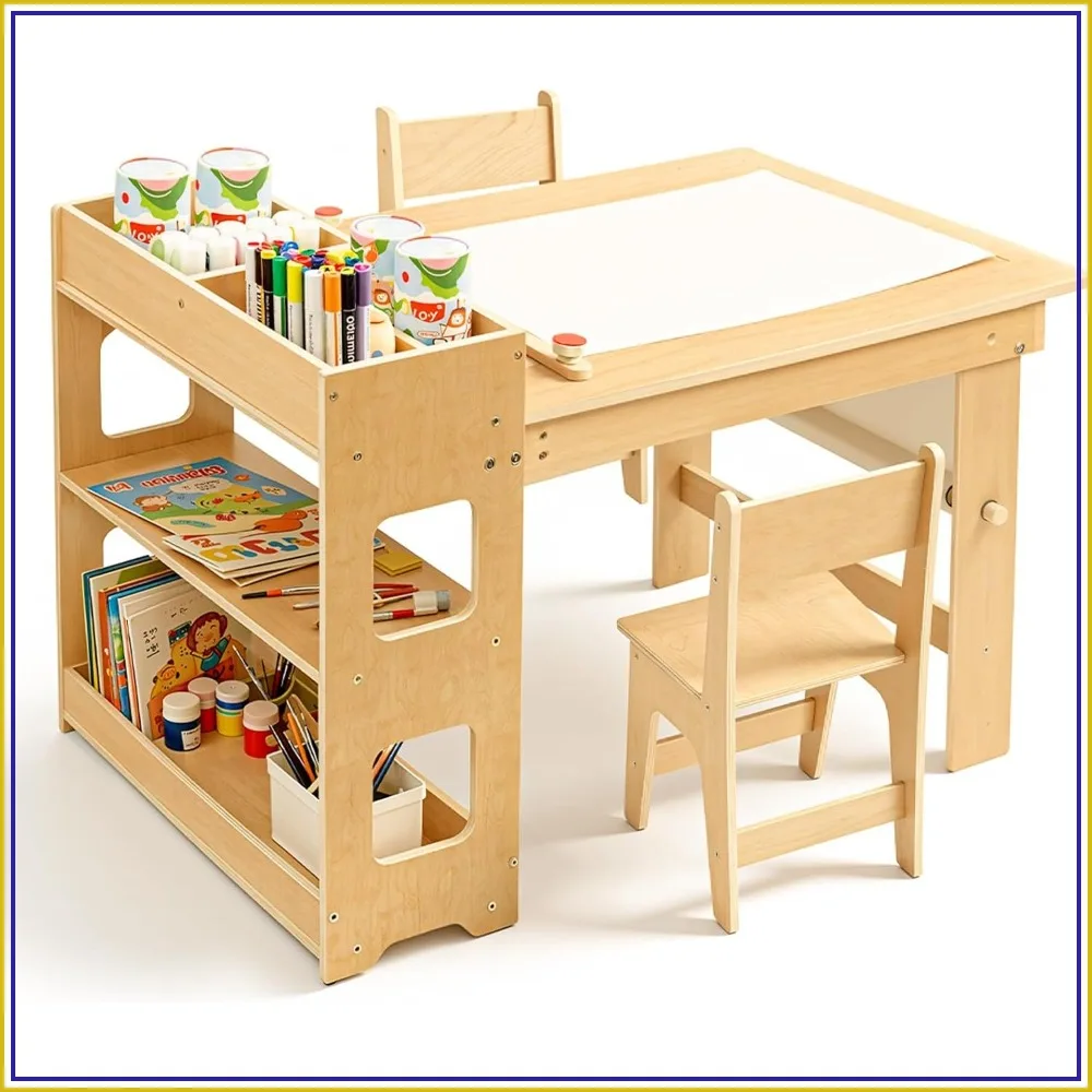 19861-7e8c10.jpg 5-in-1 Kids Art Table and 2 Chair Set with Storage Cabinet, Wooden Craft Desk, Sensory Table with Paper Roll for Ages 2-12