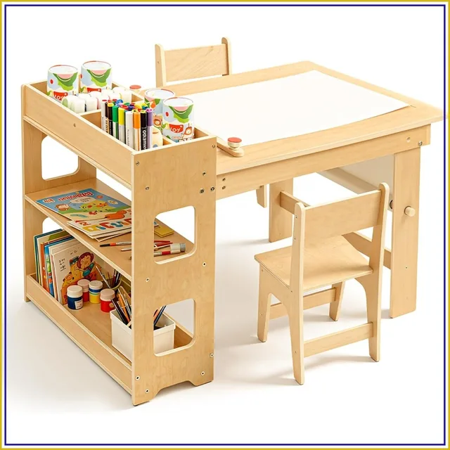 5-in-1 Kids Art Table and 2 Chair Set with Storage Cabinet, Wooden Craft Desk, Sensory Table with Paper Roll for Ages 2-12