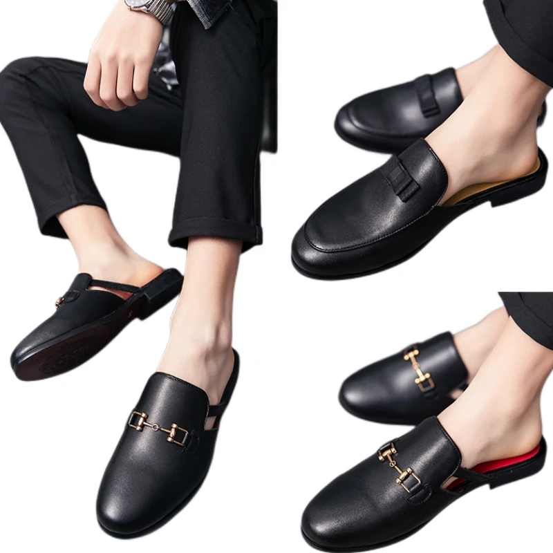 New Black Men Sandals Slippers Business Pu Leather Handmade Men Dress Shoes Size 38-44 