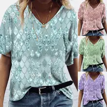 

Women Fish Scale Shape Sequins Jacquard Printed V Neck T Shirt Gradient Summer Tees Pullover Loose Casual Ladies Tops Spring