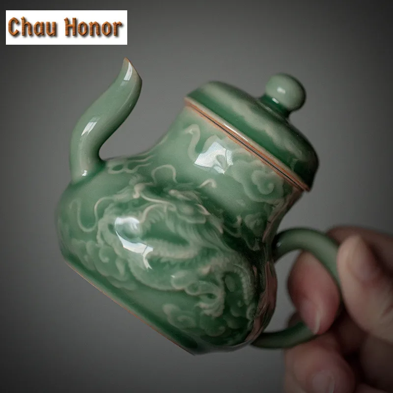 Boutique Yue Kiln Celadon Ceramic Teapot Relief Dragon And Phoenix Art Single Pot With Filter Household Kung Fu Tea Maker Tools