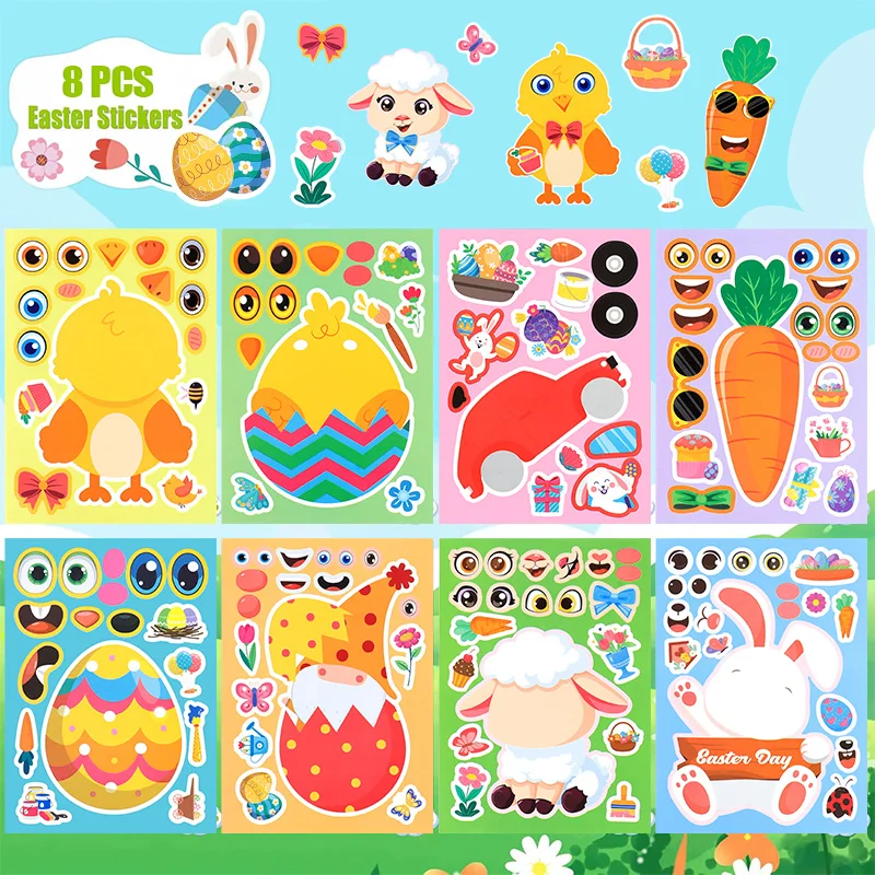 8/16Sheets Easter Puzzle Stickers Cute Rabbit Eggs Make a Face DIY Assemble Decals Jigsaw Toys 2025 Easter Party Kids Gift Game