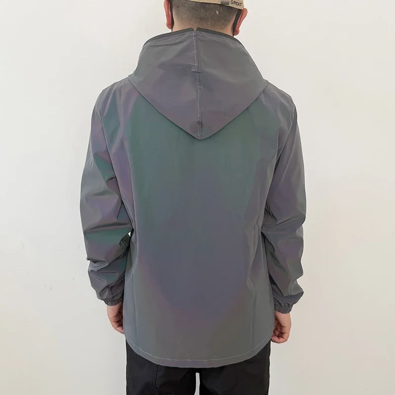 Nacht Farbige Reflektierende Jacke Männer Outdoor Radfahren Jogging Winddicht Mit Kapuze Mäntel Hip-hop Rock Streetwear Sicherheit Paar Kleidung – Detail 8