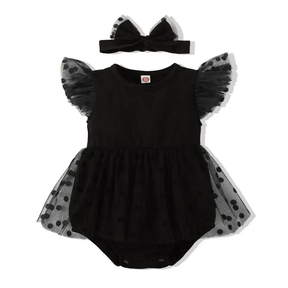 Cute Cotton Baby Girl Princess Dress Lace Mesh Bowknot Baby Girl Bodysuit Short Sleeve Sweet Infant Dress with Headband Birthday