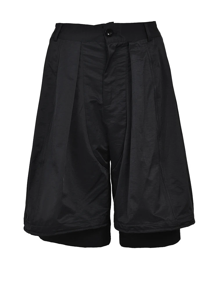 [EAM] High Waist Black Pleated Shaped Knee Length Pants New Loose Fit Trousers Women Fashion Tide Spring Summer 2026  1DF9708