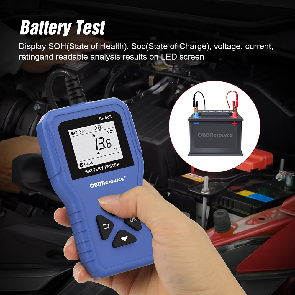 OBDResource Car Battery Tester 6V 12V 24V BR502 OBD2 Battery System Detect Auto Battery Analyzer Tool 100-2000 CCA 2Ah-220Ah 3