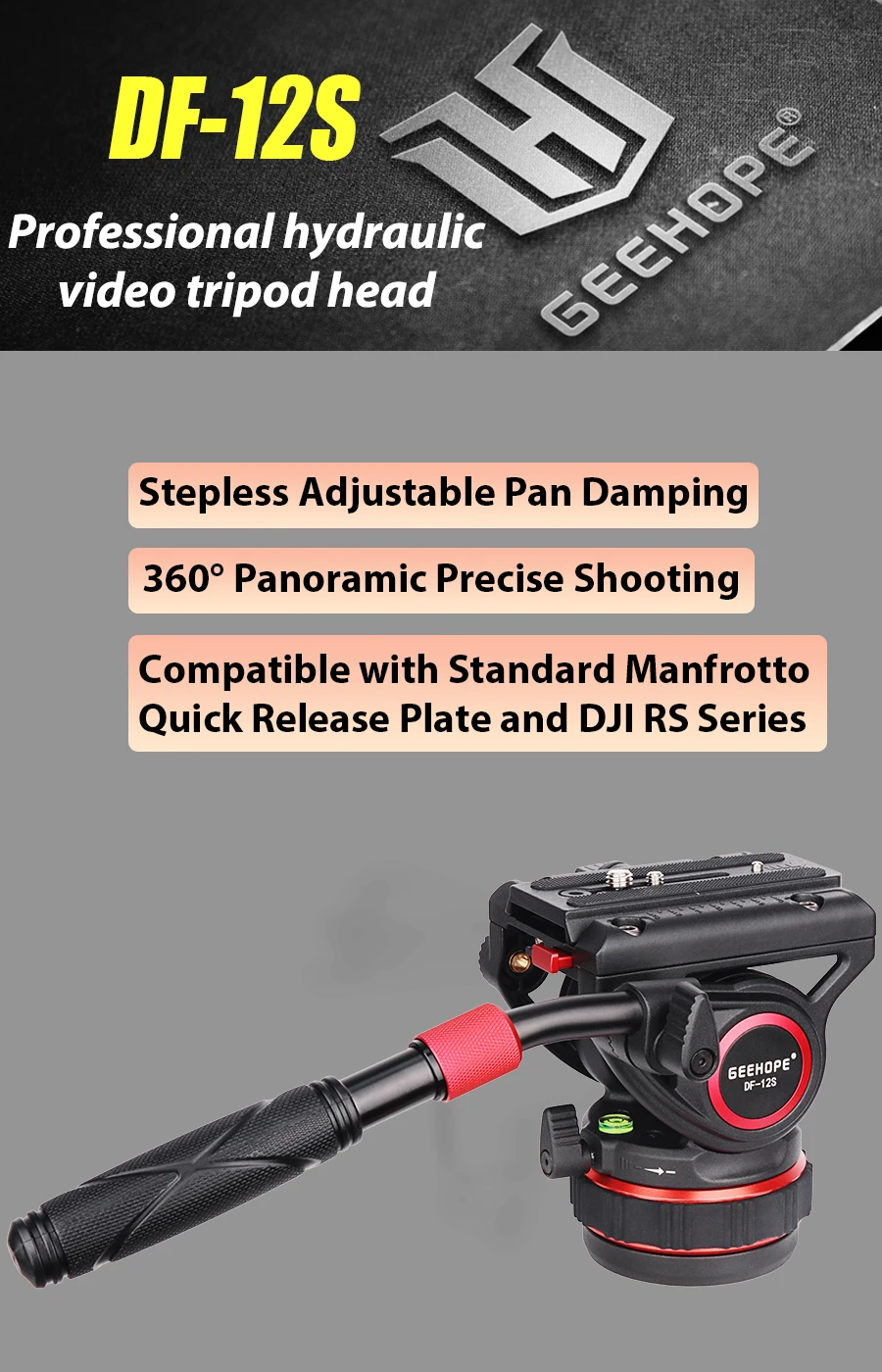 DF-12S Tripod Heavy Duty Fluid Head with Stepless Adjustable pan head,for Manfro