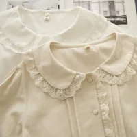 New Autumn 100% Cotton White Shirts Women Solid Cute Tops Girl Peter Pan Collar Long Sleeve Chic Lace Blouses Spring T39134QM - Image 5