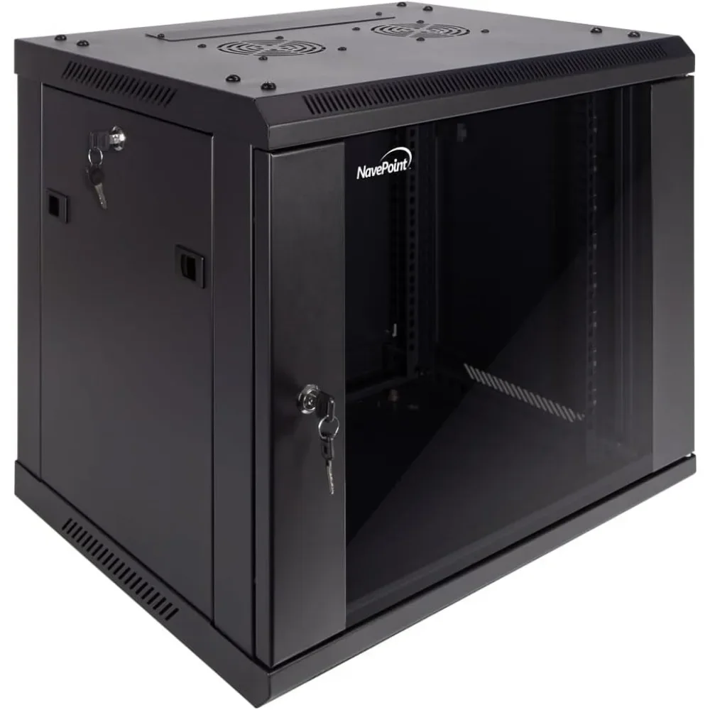 NEW-9U Server Cabinet Wall Mount Rack Enclosure Includes 2 Fans, Locking Glass Door, Removable Side Panels – 9U Network Cabinet