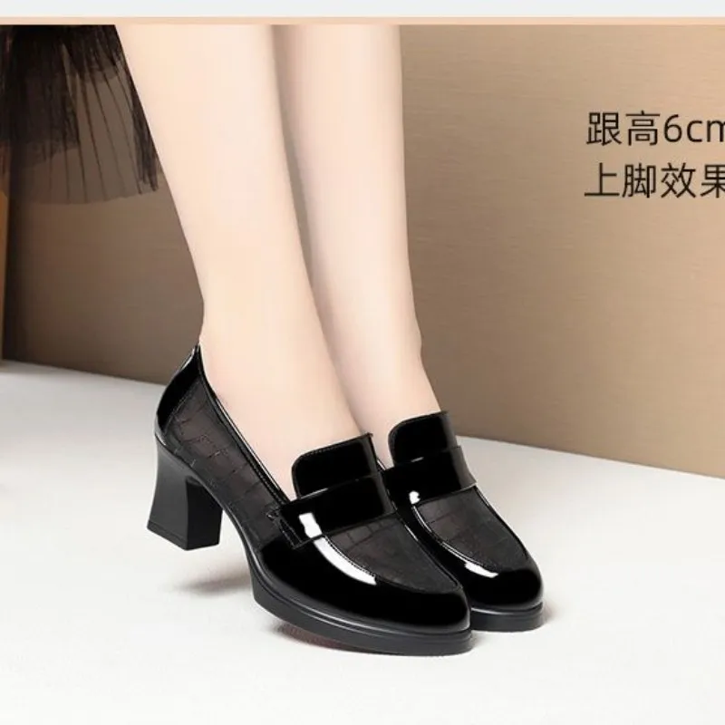 Spring/Autumn Women's Mesh & Leather Fashion High Heels - Hollow Out Soft Leather Mid Heel Soft Sole Chunky Heel Loafers2026