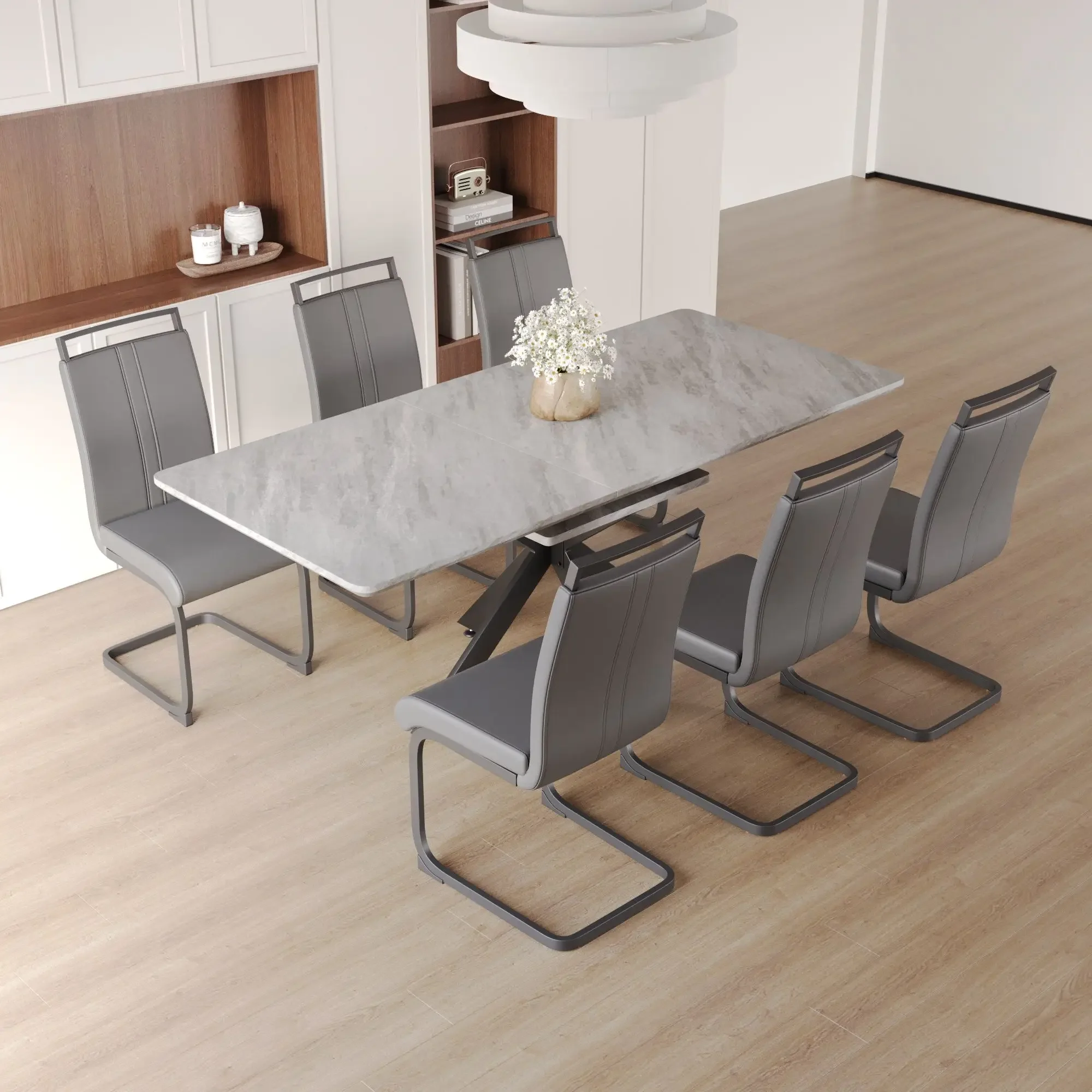 62.4" extendable 78.15" dining Table Set for 6-8 Person for Dining Room,C-shaped Tube Soft padded armless dining chair 3