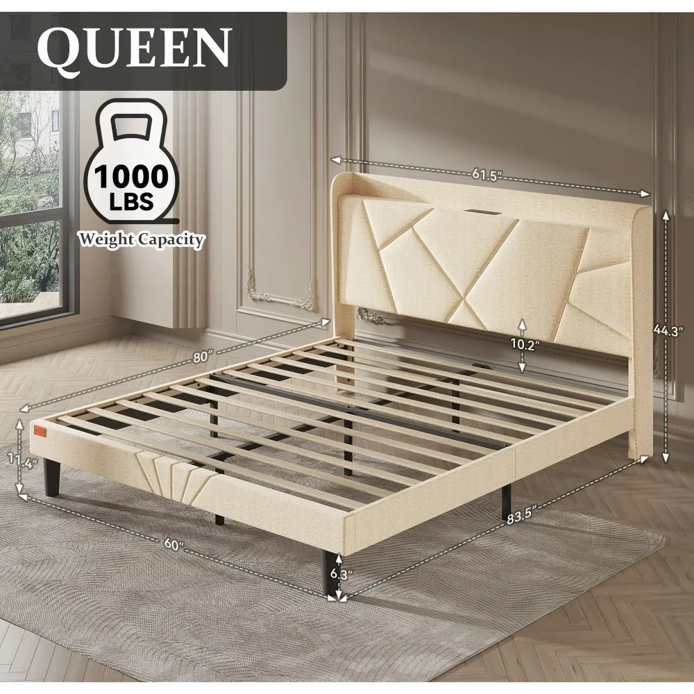 Queen Bed Frame with Charging Station, Upholstered Platform Bed with Wingback Storage Headboard, Beige EASY TO ASSEMBLE 5