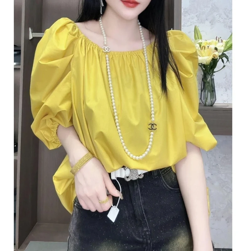 

Летняя элегантная свободная универсальная блузка с коротким рукавом и круглым вырезом, однотонная плиссированная Молодежная офисная рубашка, топы, модная винтажная женская одежда