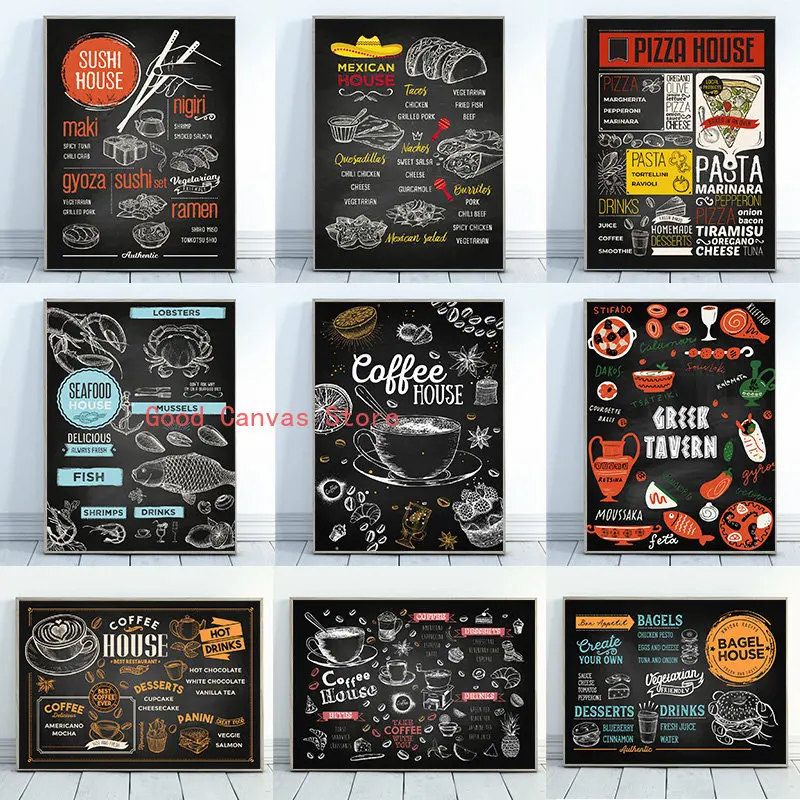 Restaurant Blackboards Posters Sushi Burger Food House Canvas Painting HD Print Abstract Wall Art for Kitchen Room Home Decor