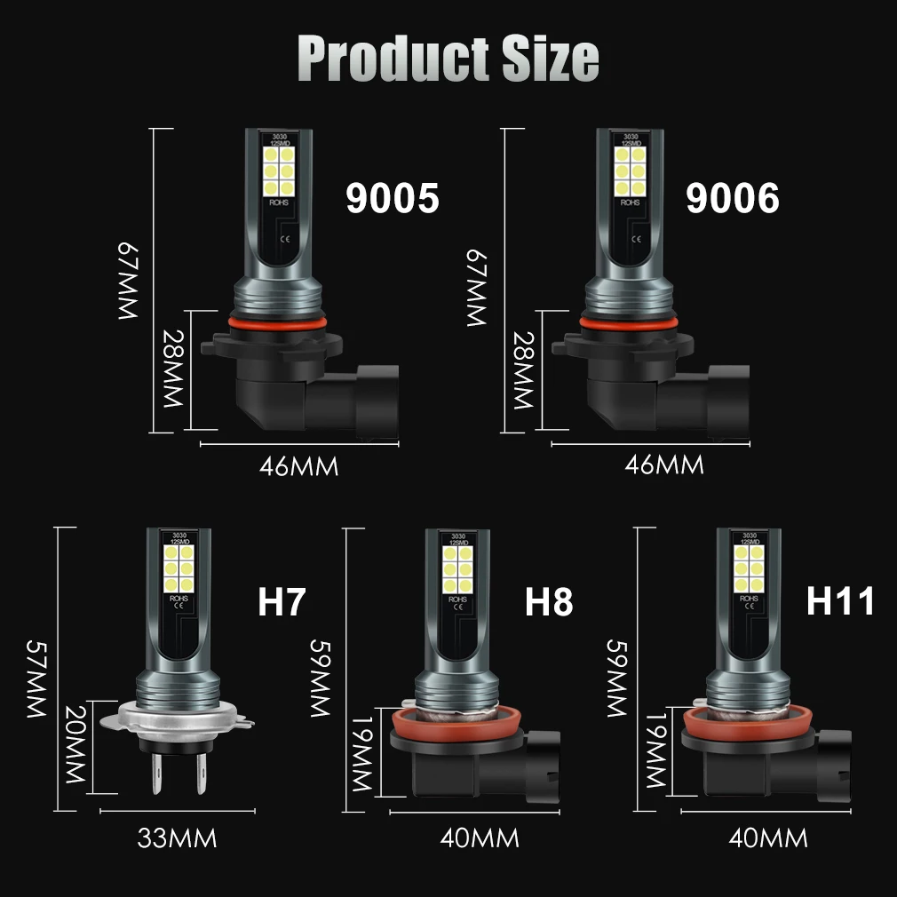 LED Headlights 2PCS Car H8 Bulb Super Bright 12v 6000k