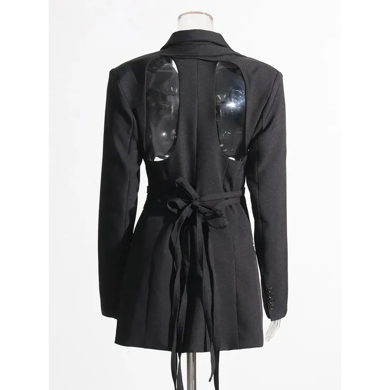 Hollow Out Backless Blazers Women Notched Collar Long Sleeve Solid Straight Spliced Lace Up Sexy Female New launched dress