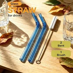 Set of 3 Eco - Friendly Colorful Reusable Glass Drinking Straws (Blue)