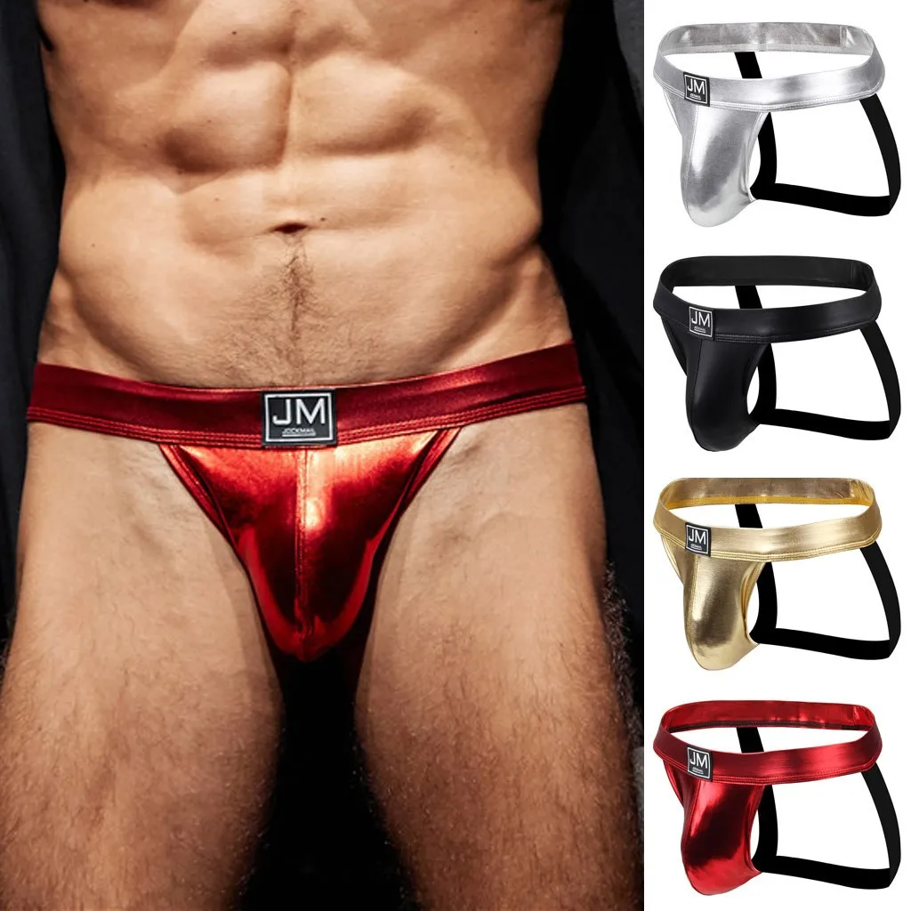 Jockmail Jockstrap Men\'s Briefs Sexy Underwear Low Waist Faux Leather Thong Panties Elastic Underpants Male Gay Penis Pouch