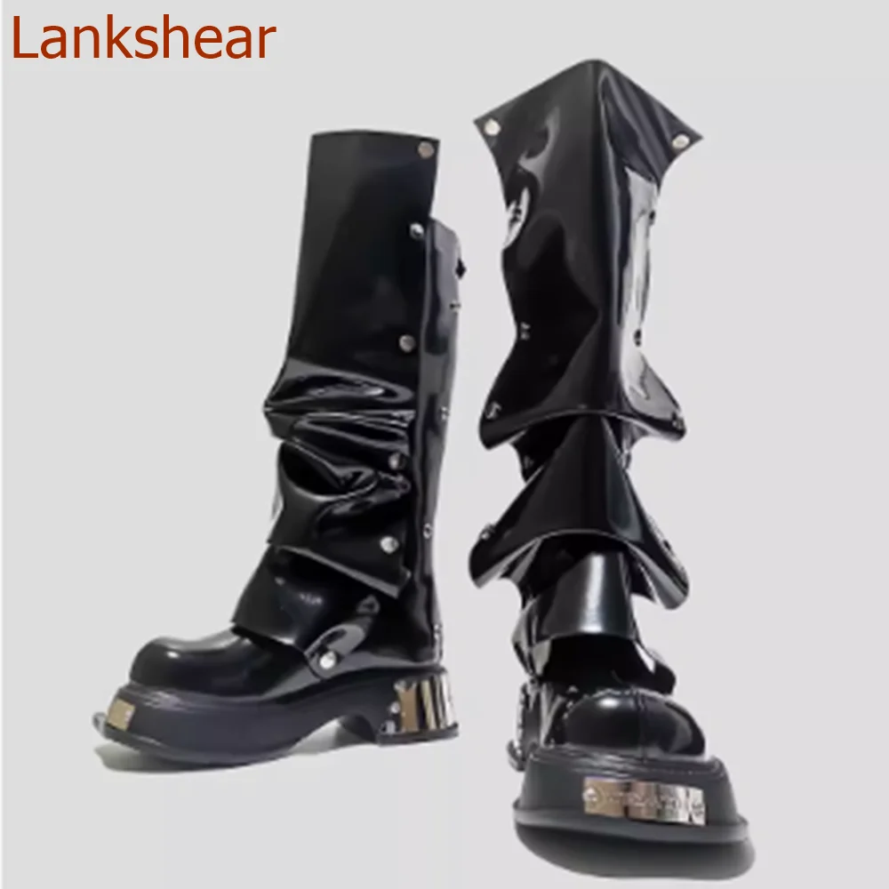 Round Toe Square Heel Women Shoes Pleated Solid Knee High Fashion Casual Comfortable Sexy Party Women Shoes 2024 New Arrivals