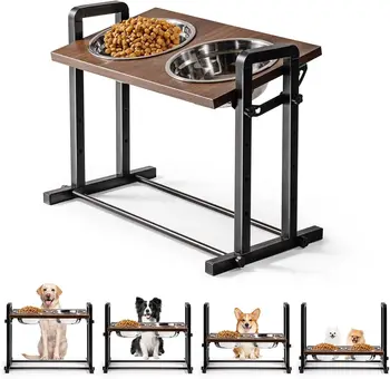 MEWOOFUN Raised Dog Bowl Height Adjustable Sturdy Wooden Raised Dog Bowls with 2x1200ml Stainless Steel Bowls for Dogs 1