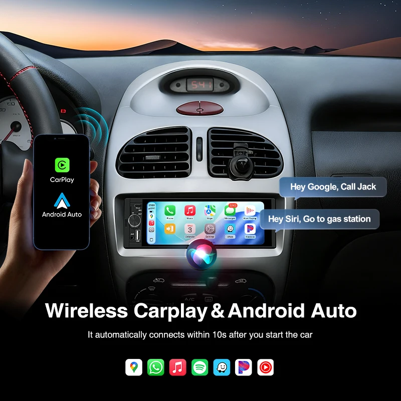 Ainavi K40 K50 Radio de coche universal 1 Din de 6,36 pulgadas, MP5, pantalla táctil IPS, inalámbrico HD 1280*480, Carplay, Android Auto, cámara trasera, MIC, USB, BT 5.0, tipo C, Bluetooth, teléfono, música 4