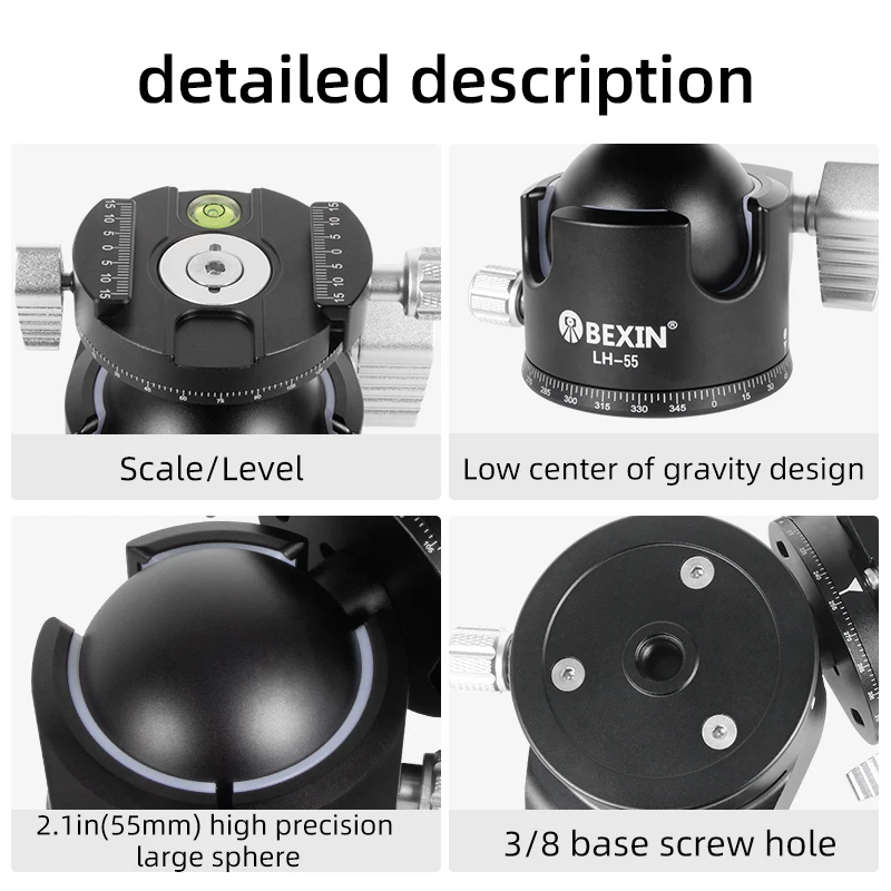 Low Center of Gravity 55mm~28mm Tripod Ball Head Double U Notch Ultra-low Profile Damping Setting CNC Ballhead Heavy Duty tripod ball head