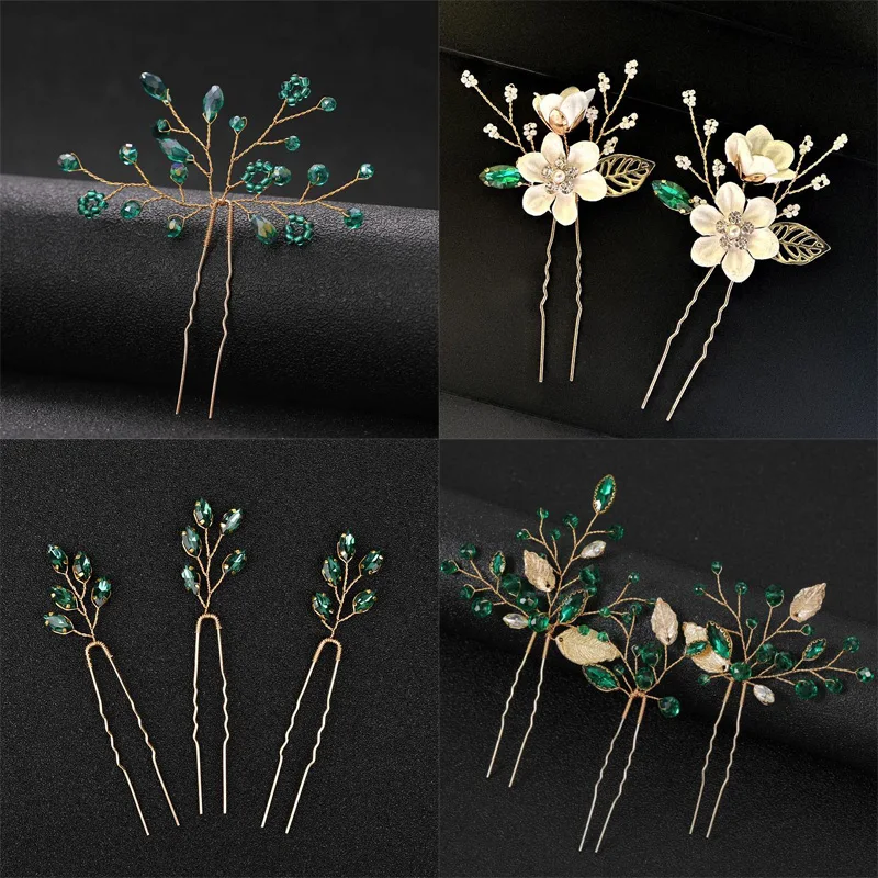 Зеленые шпильки для волос для невесты, свадебные аксессуары для волос, модные U-образные металлические шпильки для волос с кристаллами, вилки, Свадебные короны для девушек, бижутерия