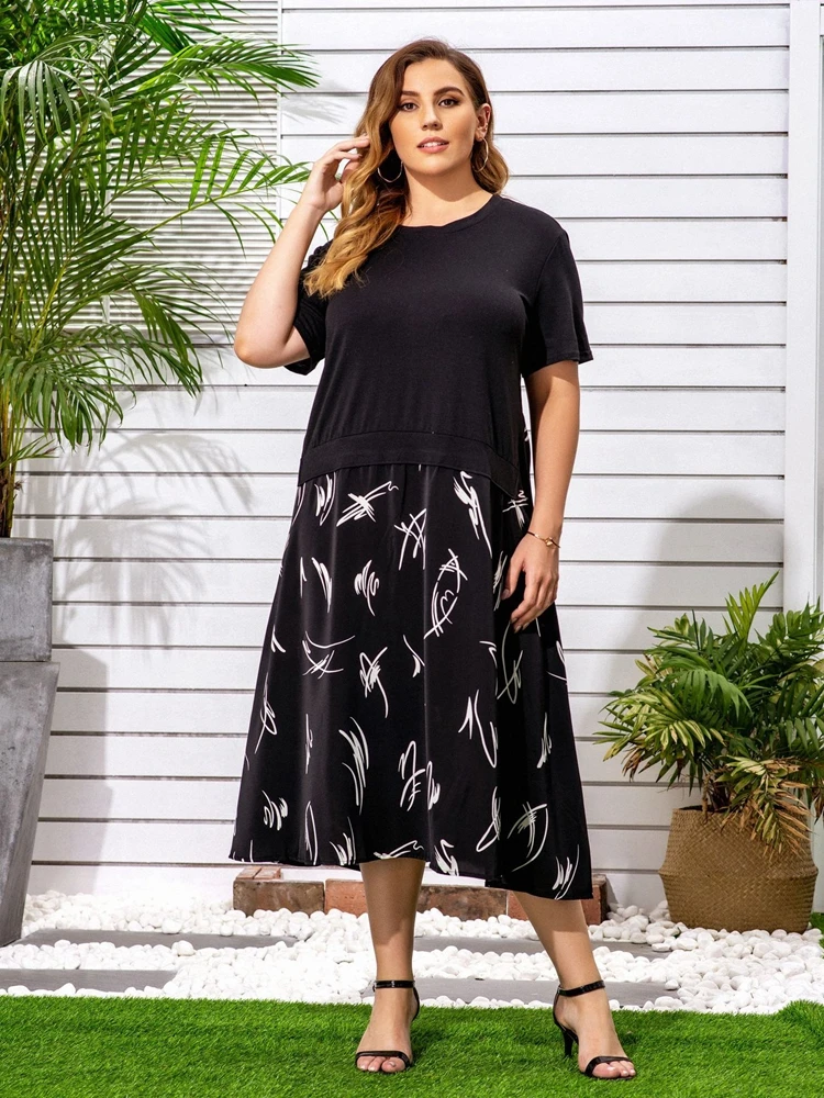 

2023 Summer plus-size casual dress 6XL 5XL 4XL fashion ladies round neck short sleeve stitching loose print plus-size dress