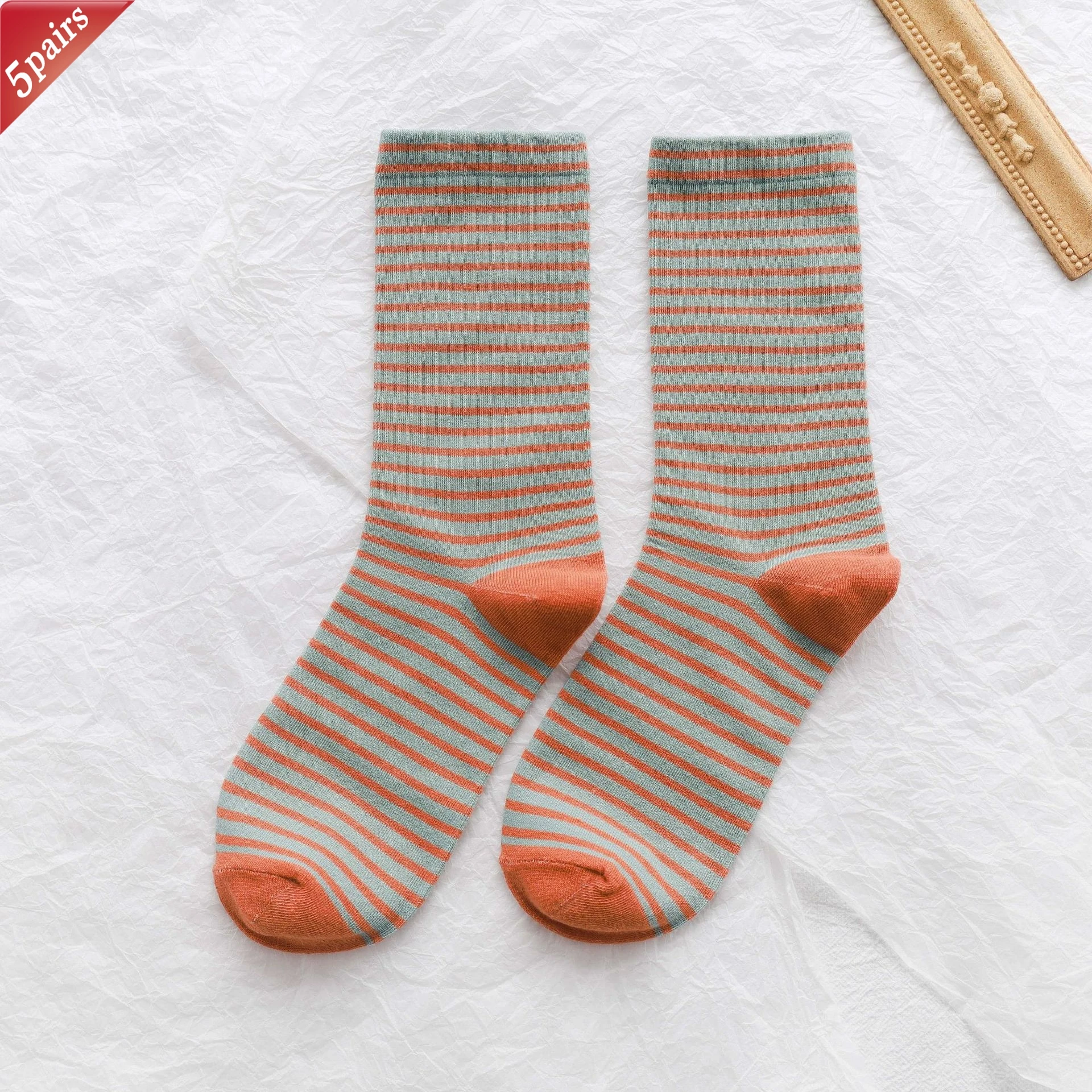 Women's Korean Comfort Cotton Socks - Striped Contrasting Color Mid Tube, 5 Pairs Set