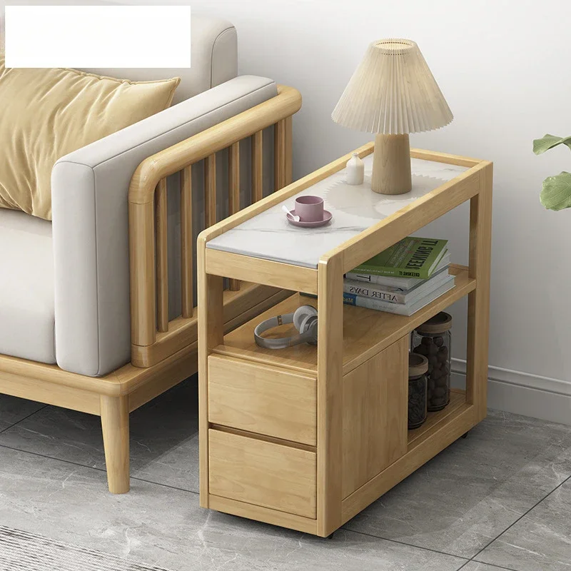 

Nordic solid wood sofa side table, movable small coffee table, living room sofa side cabinet with pulley, mini rock slab