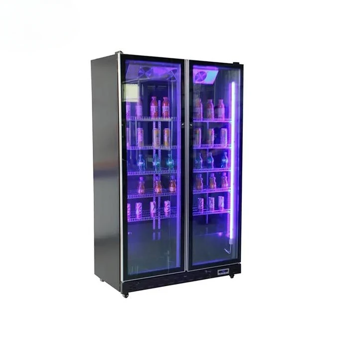Réfrigérateur vertical commercial, armoire à vin à double porte avec congélateur en verre, refroidisseur de boissons à affichage lumineux LED pour bar et cuisine 1 Réfrigérateur vertical commercial, armoire à vin à double porte avec congélateur en verre, refroidisseur de boissons à affichage lumineux LED pour bar et cuisine 1