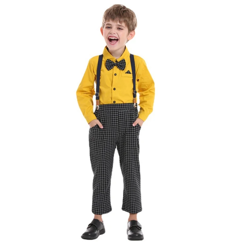 

Children's Suit New Boys' Long Sleeve Bowknot Shirt Gentleman Overalls Two-Piece Suit Children's Clothing