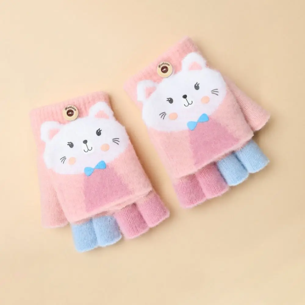 Knitted Fingerless Gloves for Girls Cartoon Cat Ears Baby Mittens Warm Children Winter Half Finger Gloves Baby Accessories 5